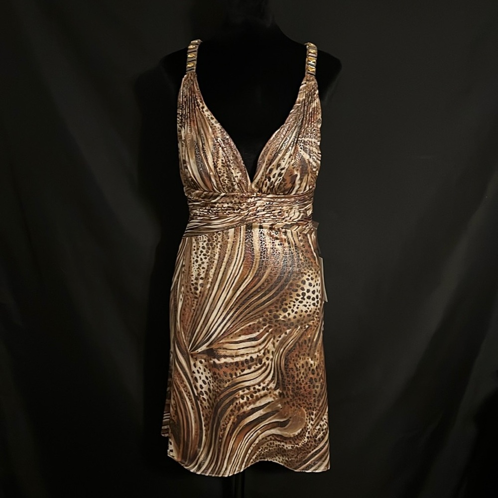 La Femme Shimmer Animal Print Beaded Short Formal Dress - Size 6